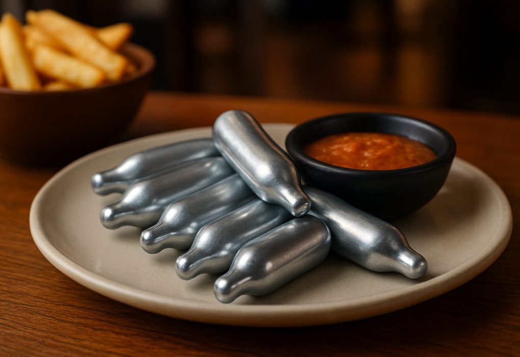 A plate with several cream chargers beside a small bowl of sauce and a side of fries.