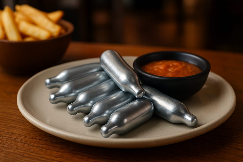 A plate with several cream chargers beside a small bowl of sauce and a side of fries.