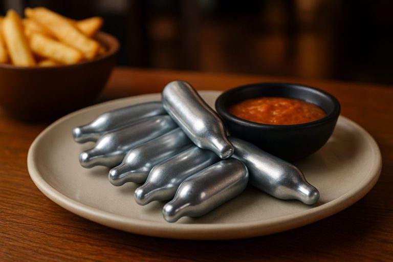 A plate with several cream chargers beside a small bowl of sauce and a side of fries.